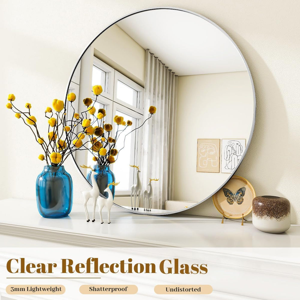 VooBang Silver Round Bathroom Mirror 24", Thin Metal Frame Wall Mirror