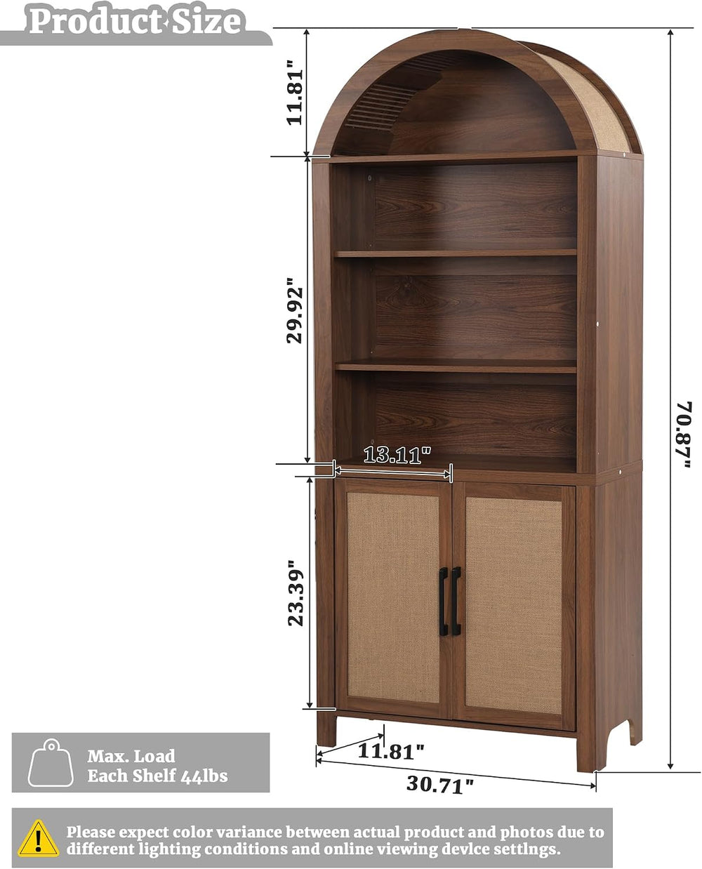 Janmer Home 71" Tall Boho Rattan Arched Bookcase with Doors,Walnut
