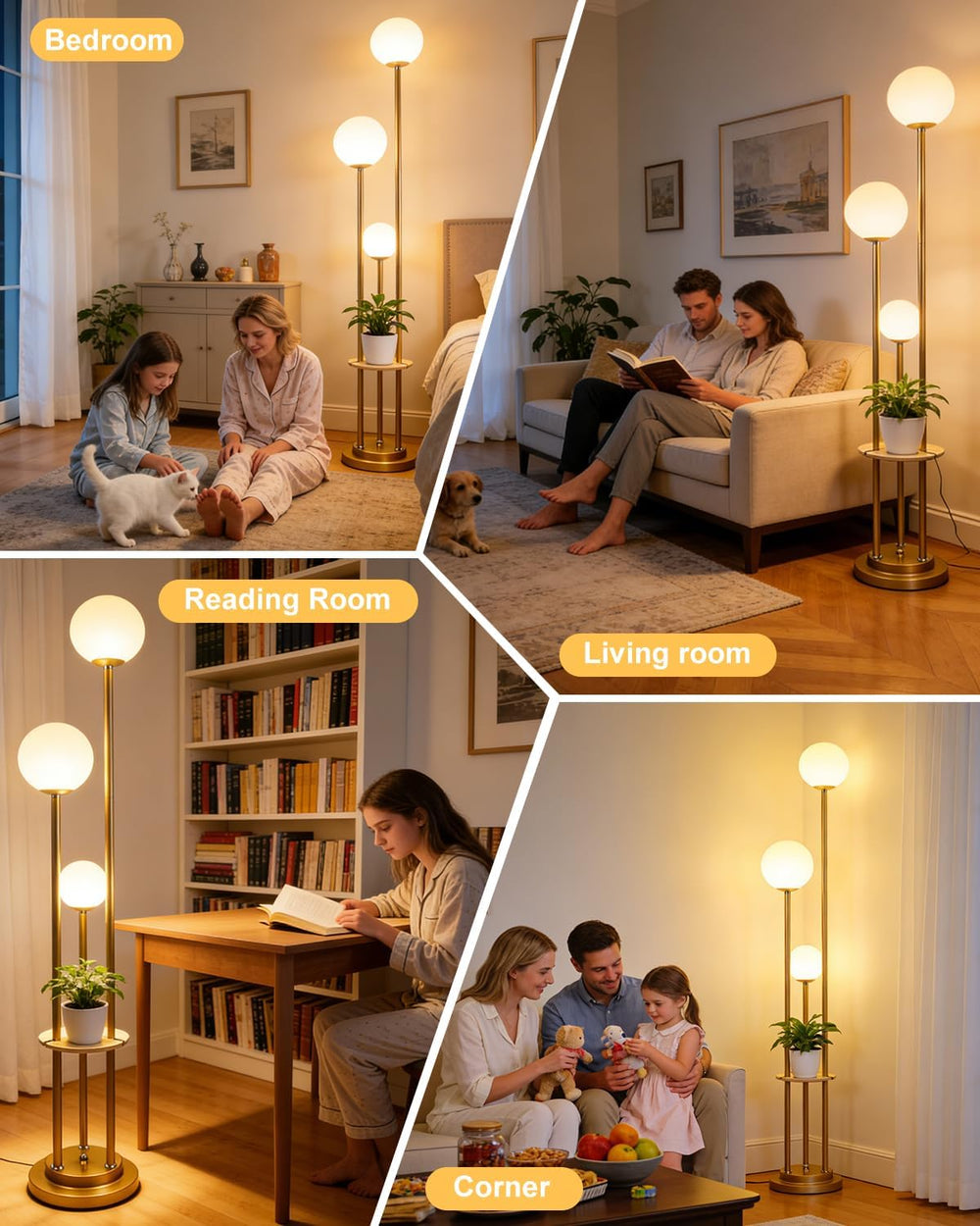 Lightdot Gold Floor Lamp 3-Lights Dimmable Floor Lamps with Tray 3000K Bulbs ...