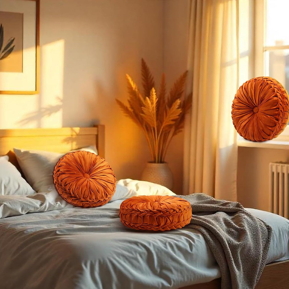 Beeveer 2 Pcs Round Throw Pillows Velvet Pleated Pillows, Orange