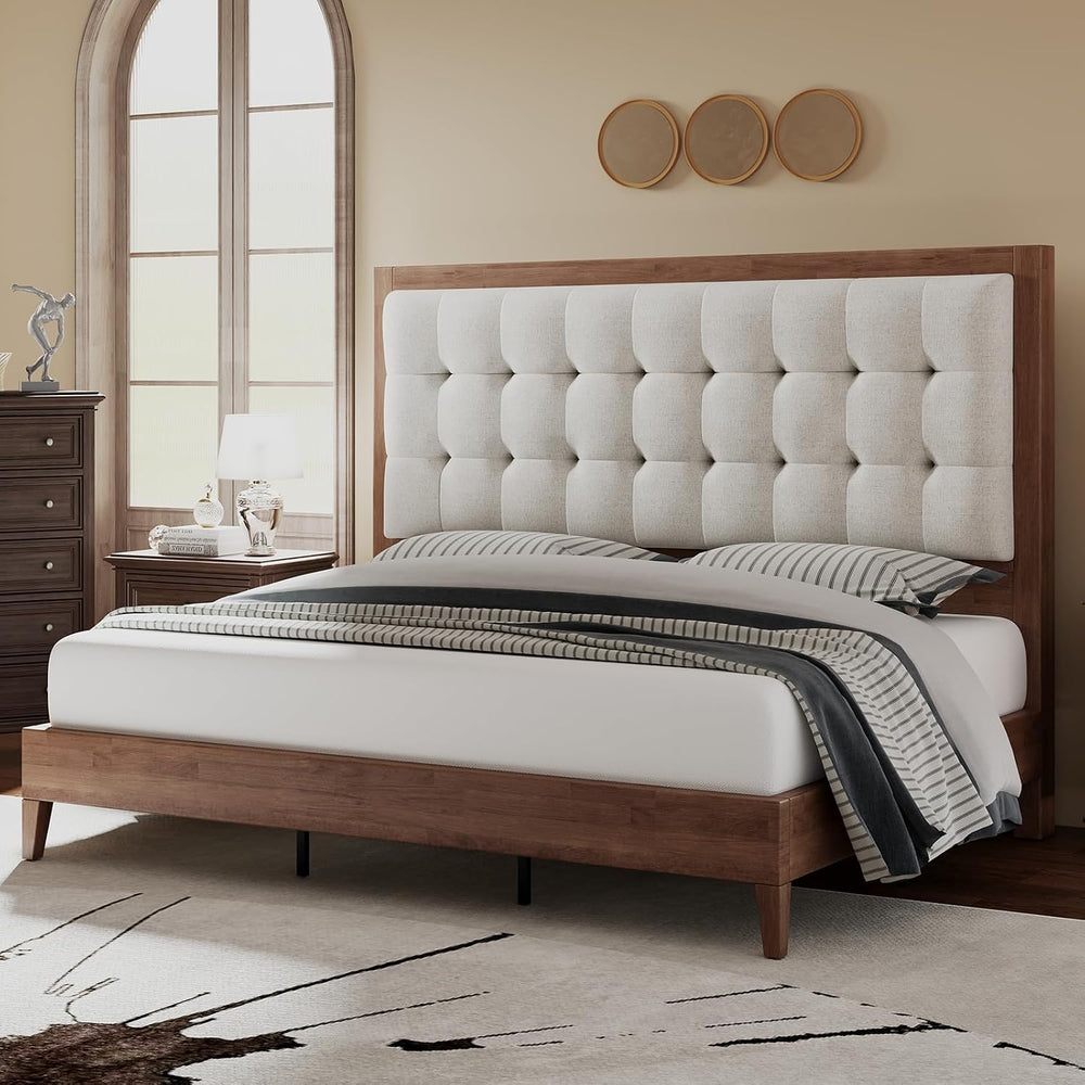 Jocisland Solid Wood King Bed Frame, 50" Tall Upholstered Headboard,Walnut
