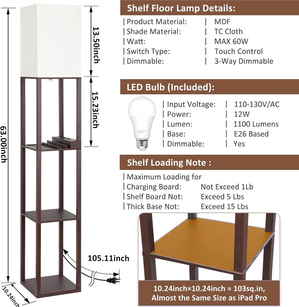 FOLKSMATE Floor Lamp with Shelves Touch Control Charging USB Type C Brown