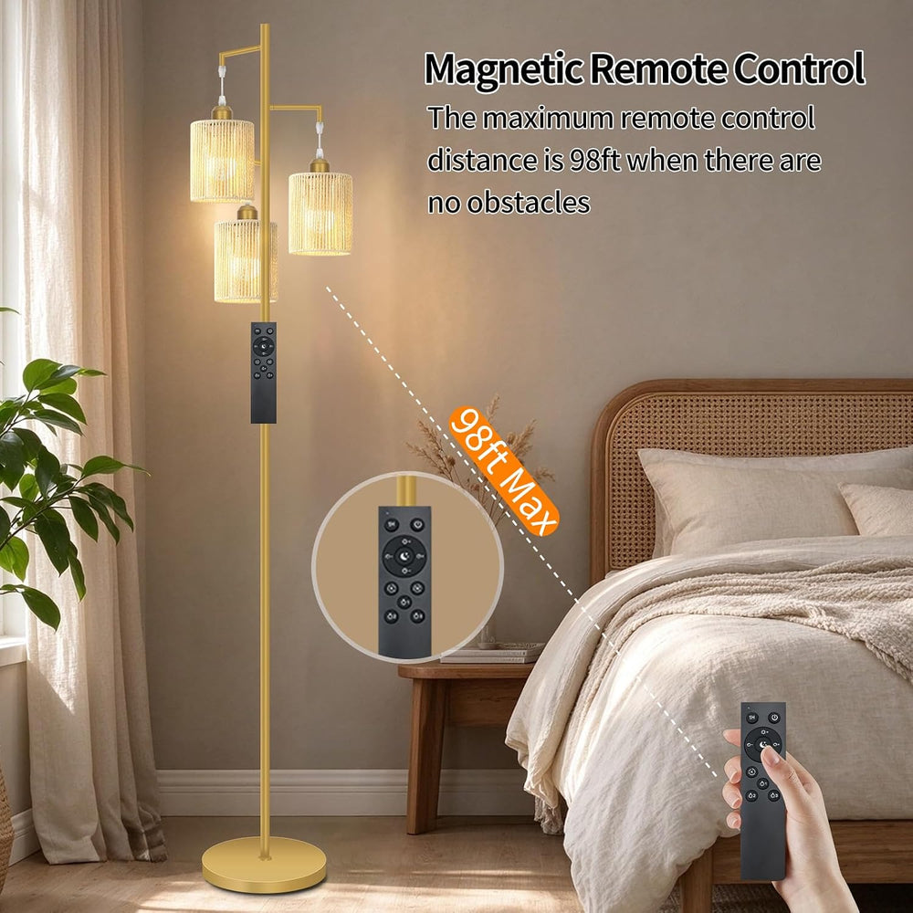 Hotsonic 72" Remote Boho Rattan Tree Floor Lamp, Tall Dimmable Industria...