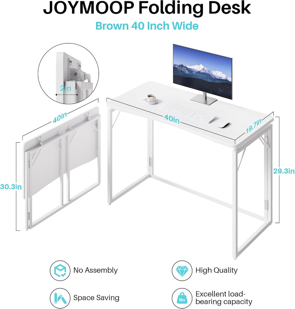 JOYMOOP 40" White Folding Desk, No Assembly, Wooden Top, Middle Size