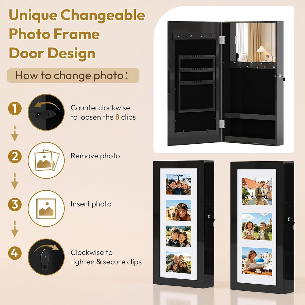 Bonnlo Wall-Mounted Jewelry Cabinet with Photo Frame, Inside Mirror, Black
