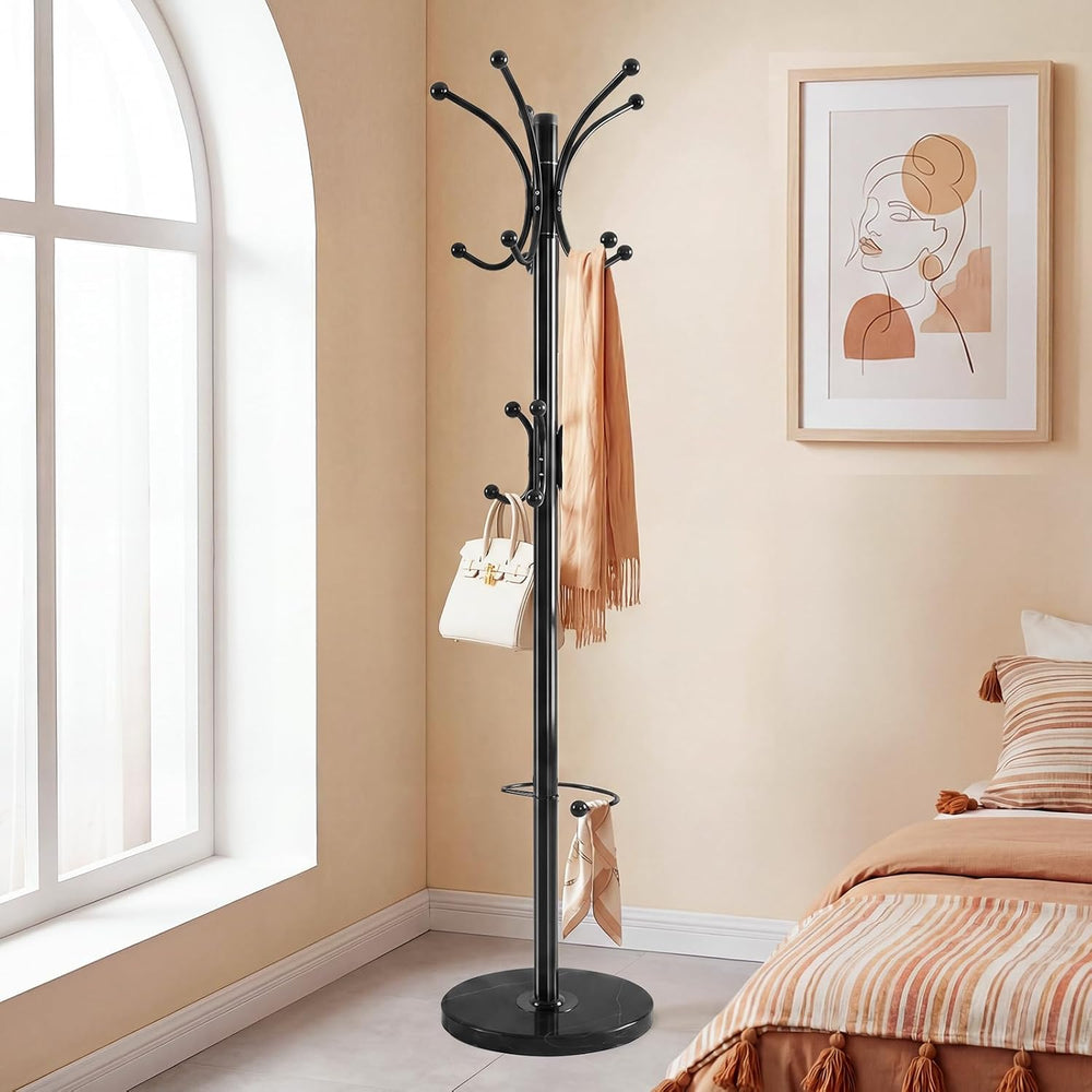 Marble Base Coat Rack Freestanding, 360° Rotary 16 Hooks Black
