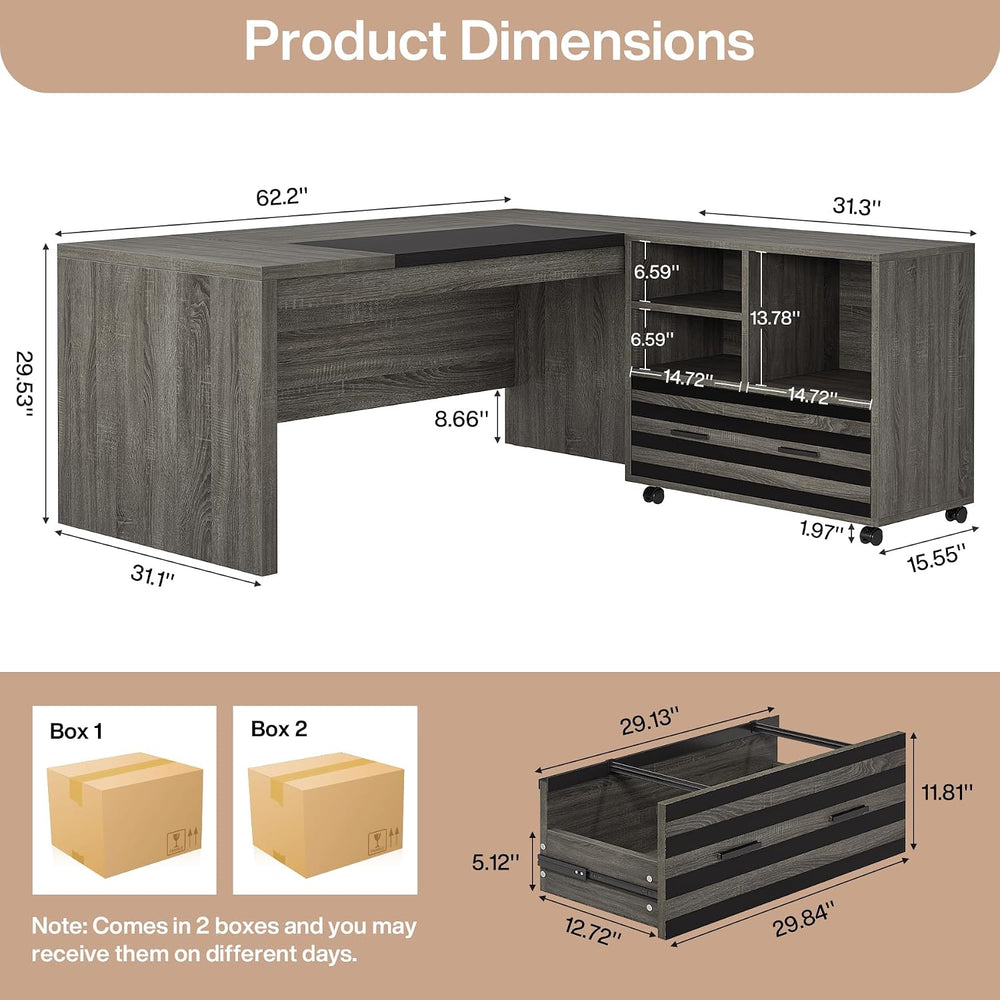 Tribesigns 62.2" L-Shaped Executive Desk with Mobile File Cabinet