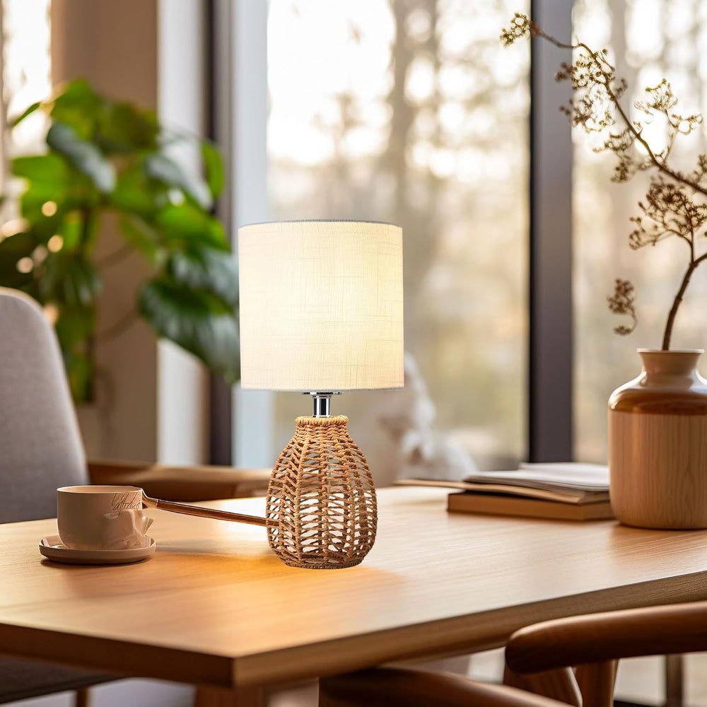KUNJOULAM Rattan Table Lamp, Small Nightstand Lamp with Linen Fabric Lampshad...