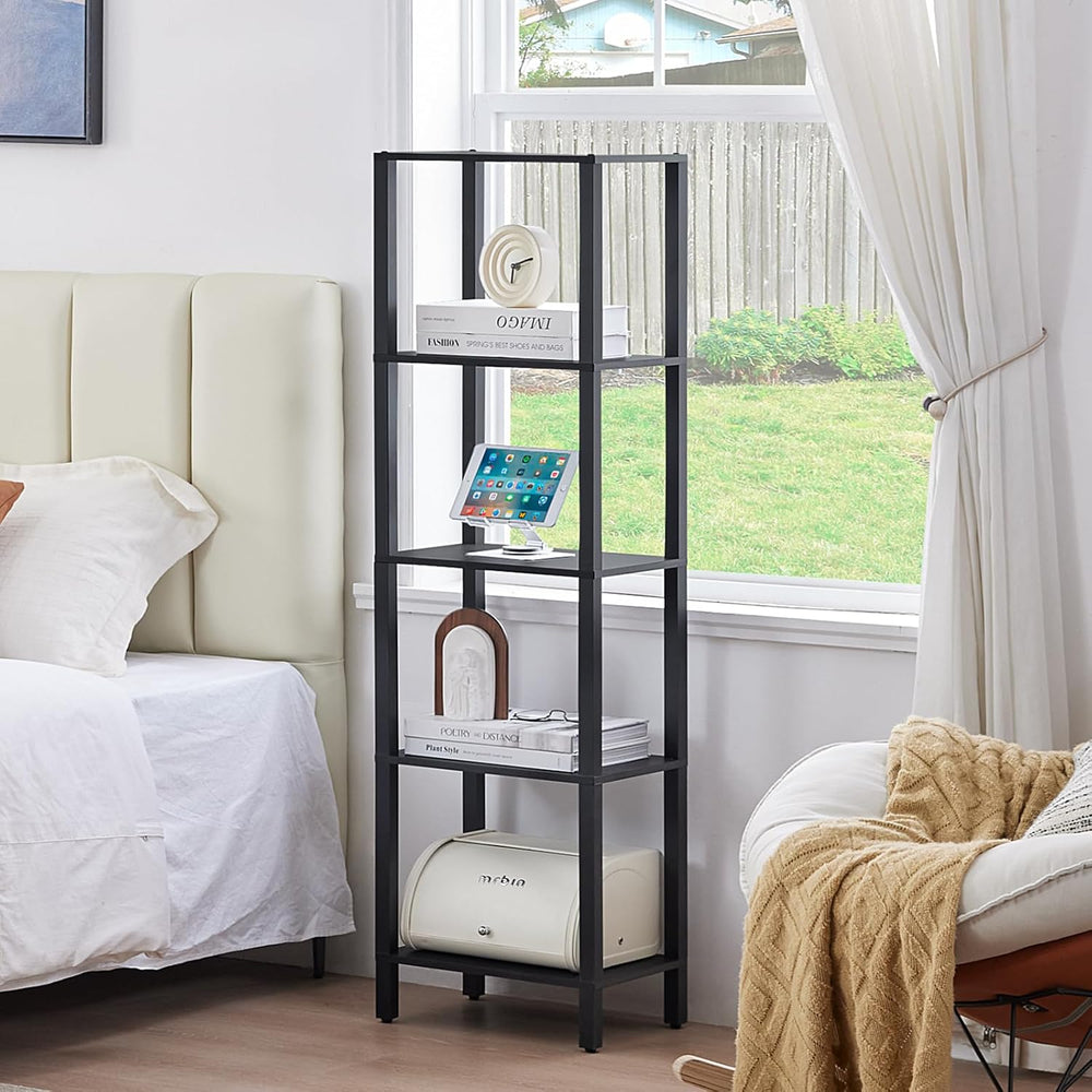 YUFAM 5 Tier Tall Narrow Bookshelf, Skinny Bookcase, Wooden Shelf, Black