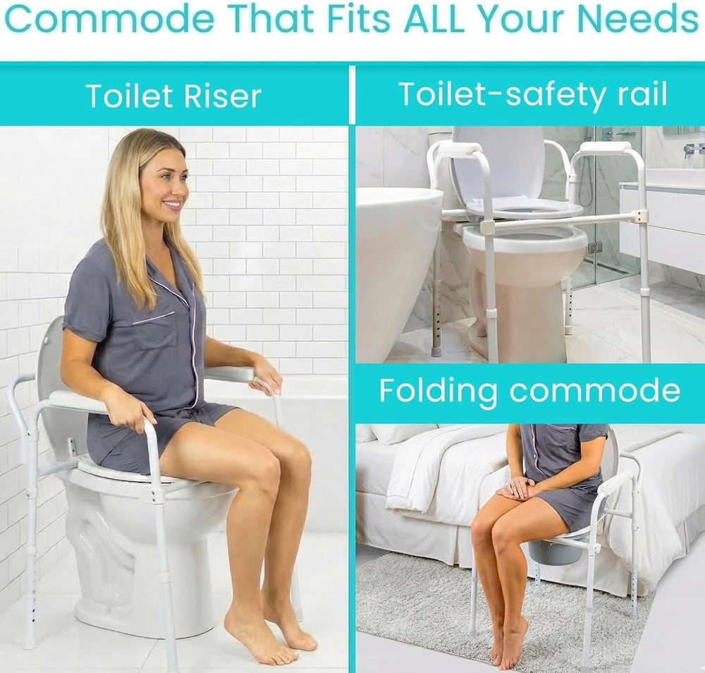 Vive Bedside Commode Toilet Chair (Folding) - 350 lb Capacity, Safety Rail, S...