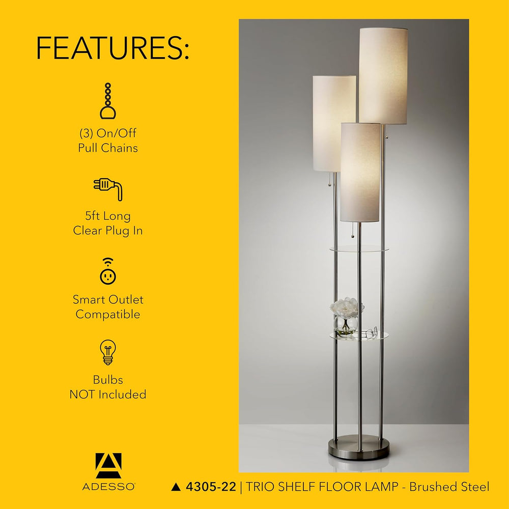 Adesso 3-Light Shelf Floor Lamp, Brushed Steel & White, Storage, 68”