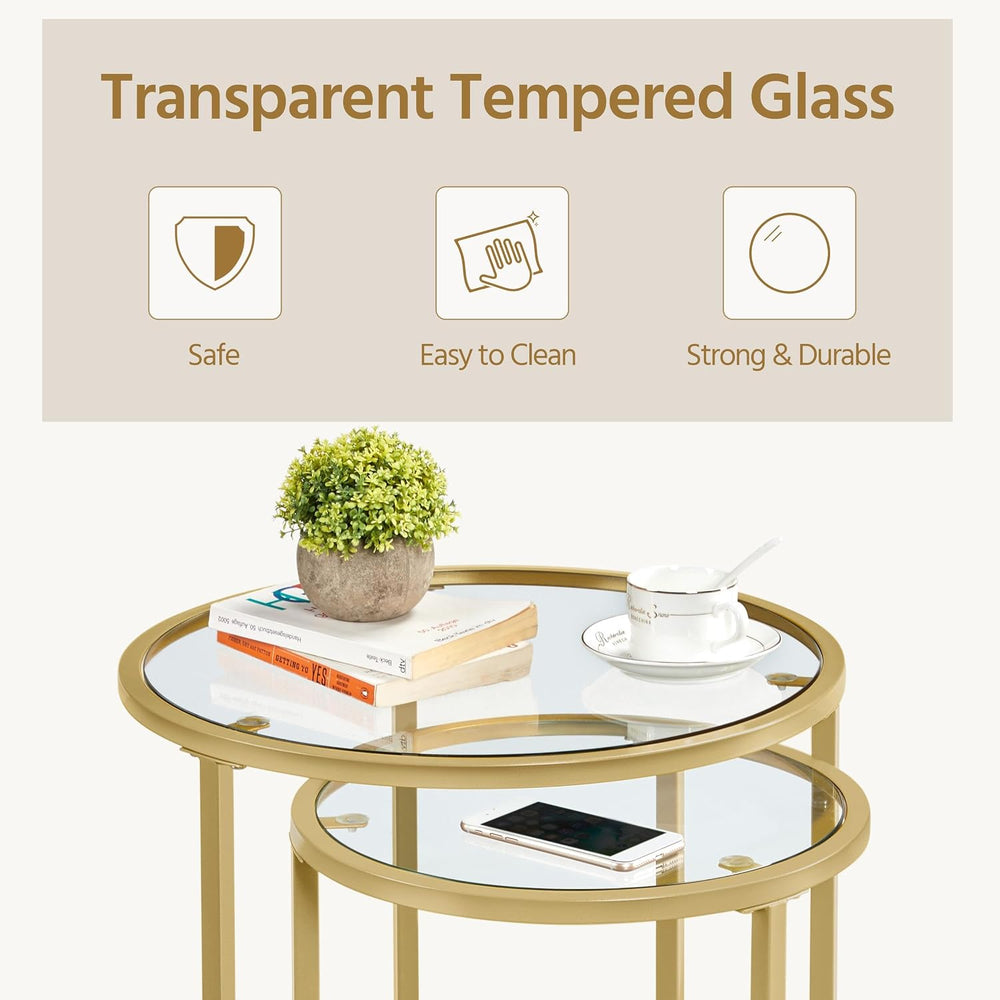 Yaheetech Round Nesting Side Table Set of 2, Gold Metal Frame and Glass Top