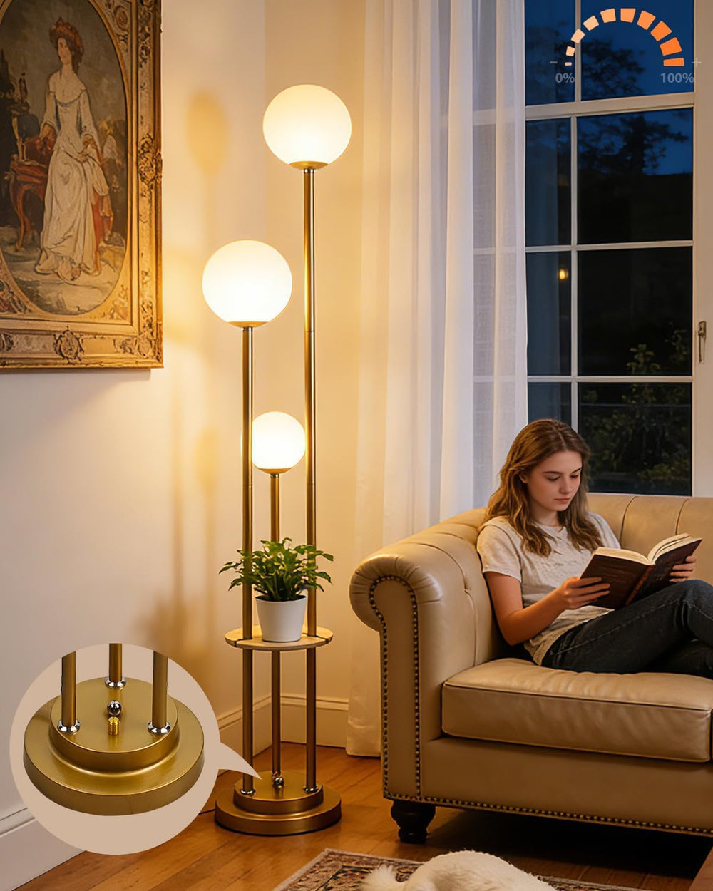 Lightdot Gold Floor Lamp 3-Lights Dimmable Floor Lamps with Tray 3000K Bulbs ...