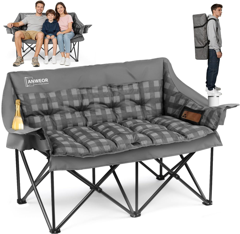 Double Camping Chair for Adult,Heavy Duty Padded Loveseat Chair,Gray