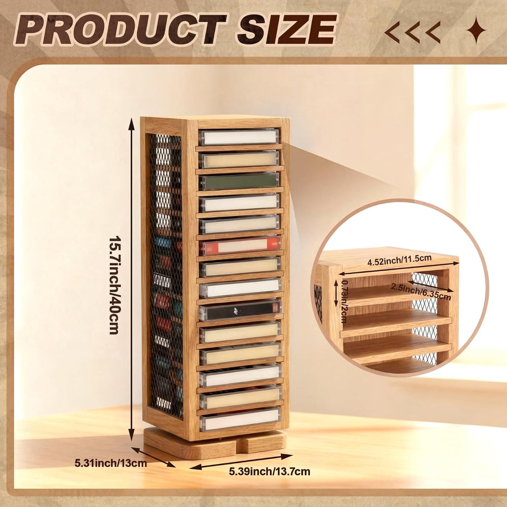 Ripeng Cassette Tape Holder, 28 Capacity 360° Rotating, Rustic Natural