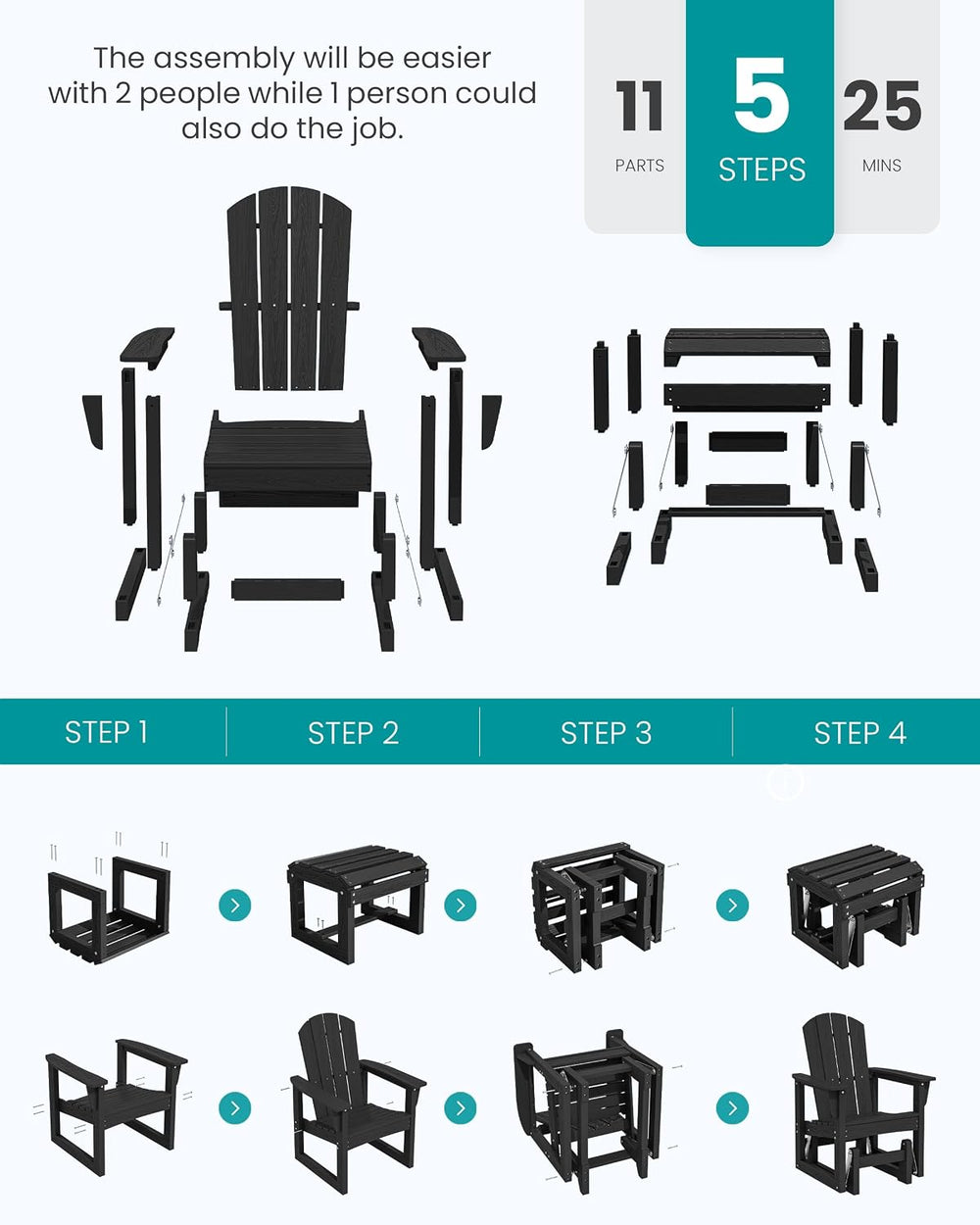 SERWALL HDPE Outdoor Glider with Ottoman Set of 2, All-Weather Patio Glider