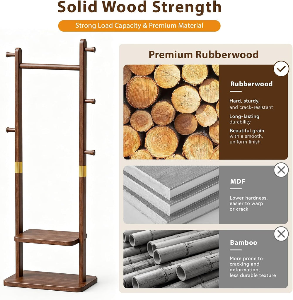 Taitiy Solid Wood Coat Rack, Freestanding Clothing Rack with 2 Shelves Storag...