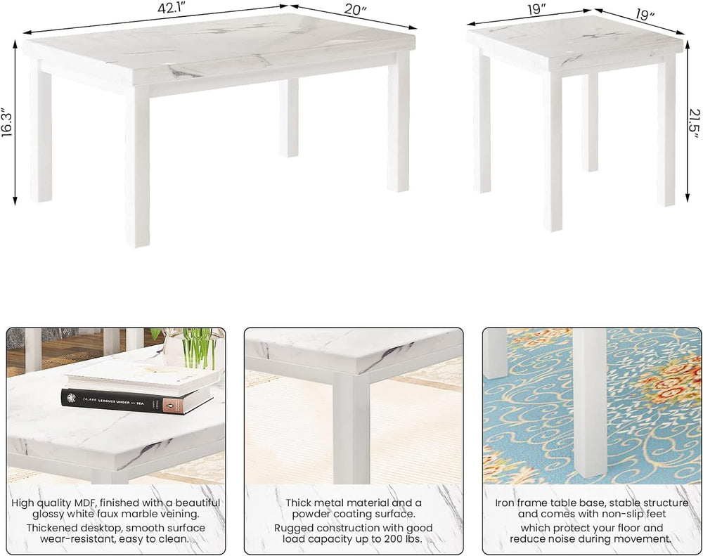 Recaceik Coffee Table Set of 3, Faux Marble Top with Metal Frame, Living Room...