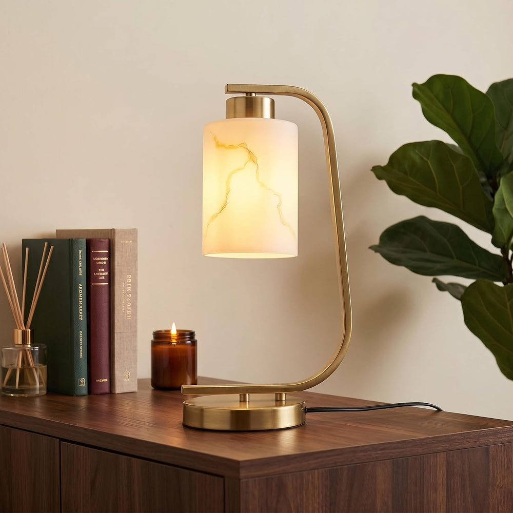 Modern Industrial Table Lamp, Marble Pattern Glass Shade Desk Lamp with C-Sha...