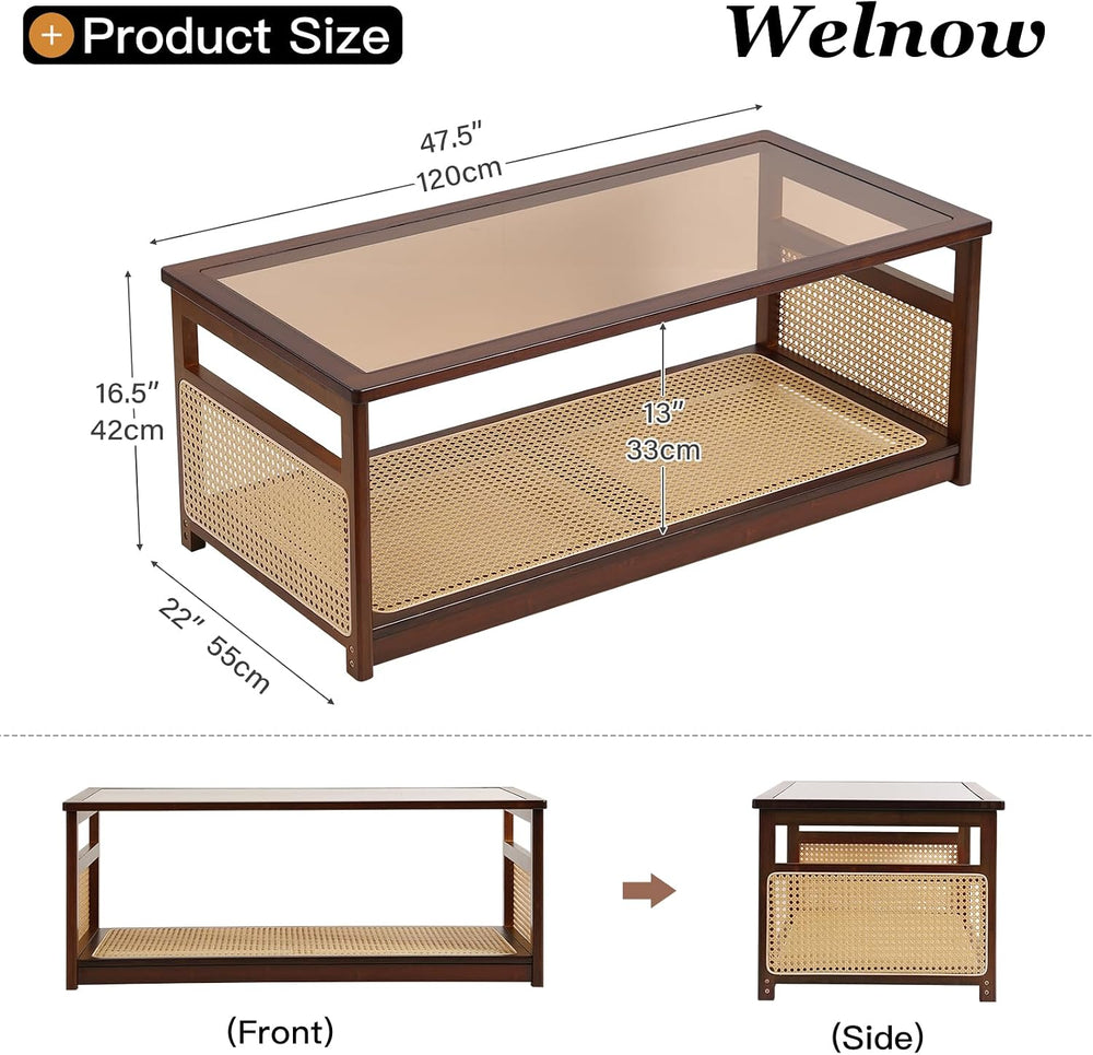 Welnow Rattan Coffee Table, 2-Tier Rectangle Center Table, 47.5", Walnut