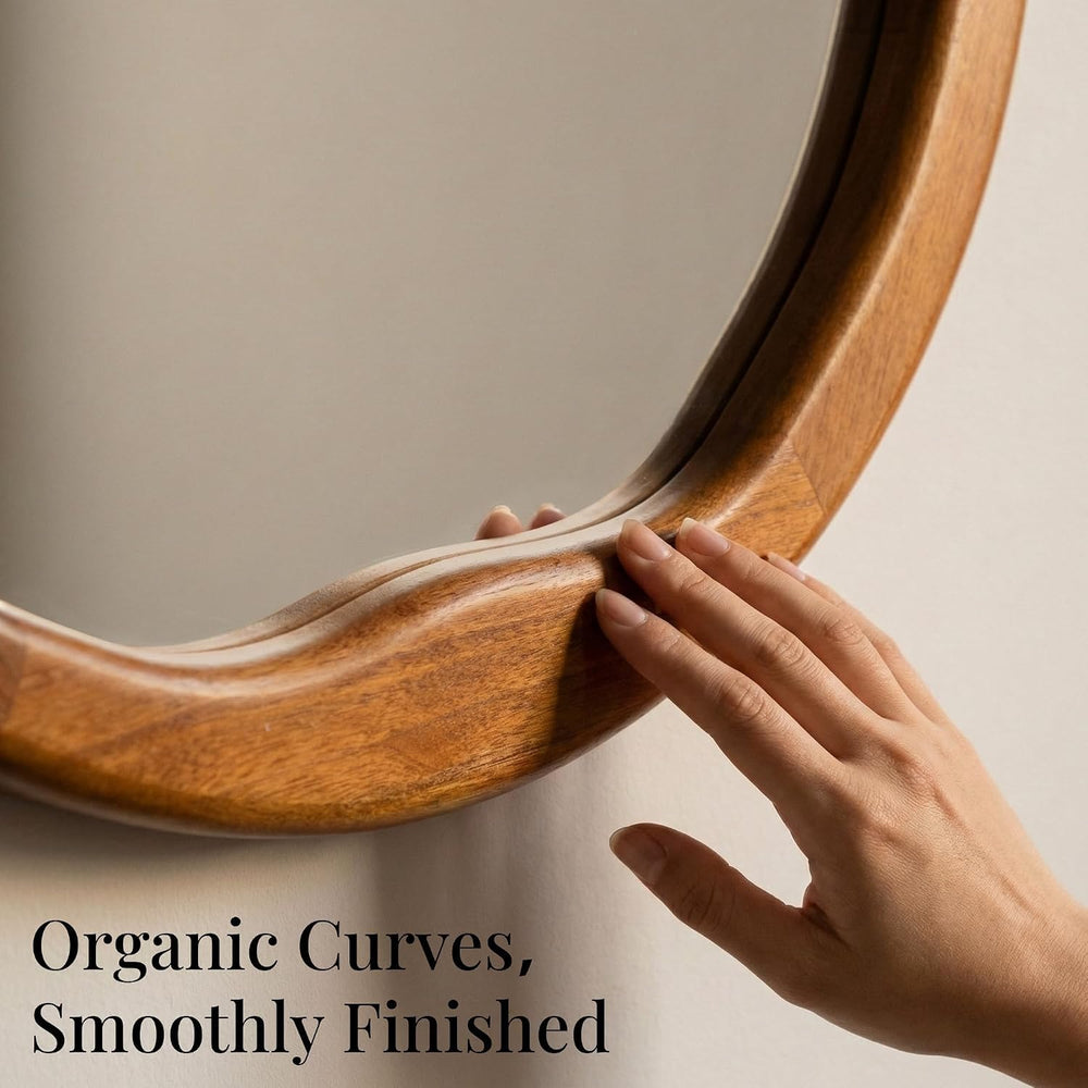 Warm Walnut 24 Inch Round Wood Wall Mirror, Asymmetrical Inner Edge