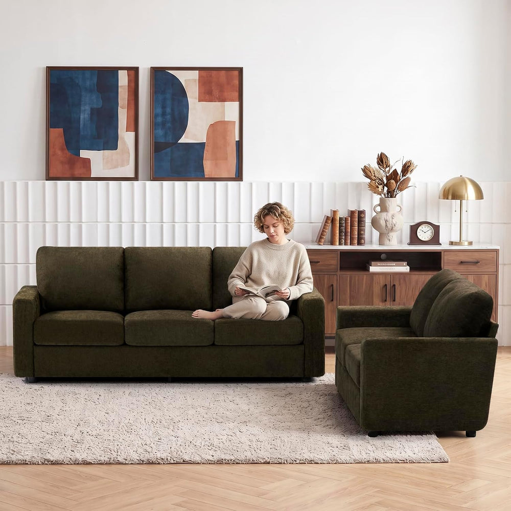 2 Pieces Chenille Sofa Sets w/Comfortable Back Cushions, Brown
