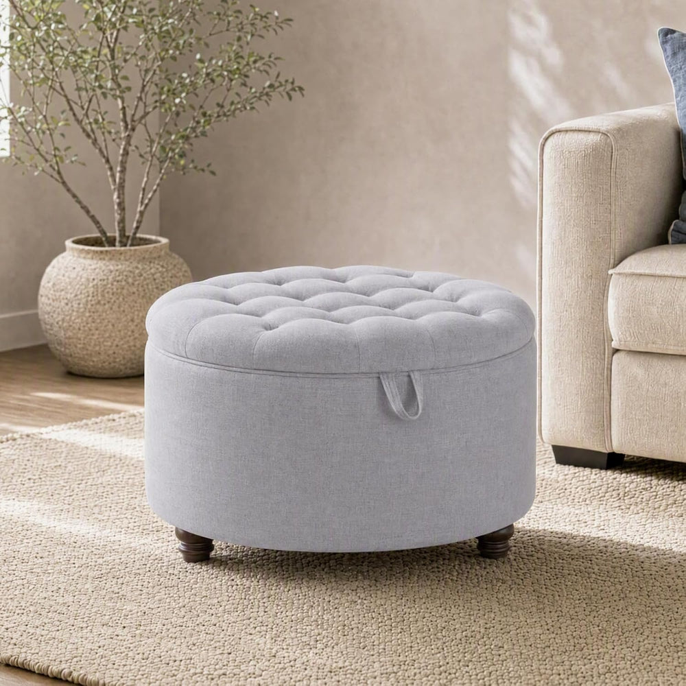 30" Round Storage Ottoman Coffee Table, Tufted Lid & Wood Top, Gray