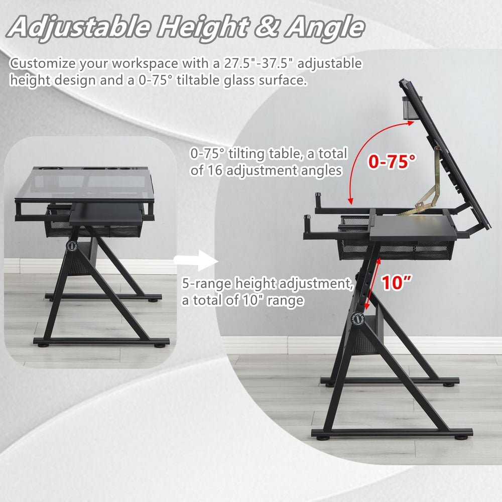 Drafting Table Drawing Desk Art Tabe with Stool & Storage, Black