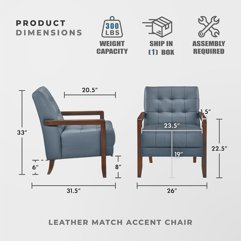 Lexicon Modern Leather Match Accent Chair,Tufted, Solid Wood Arms,Blue