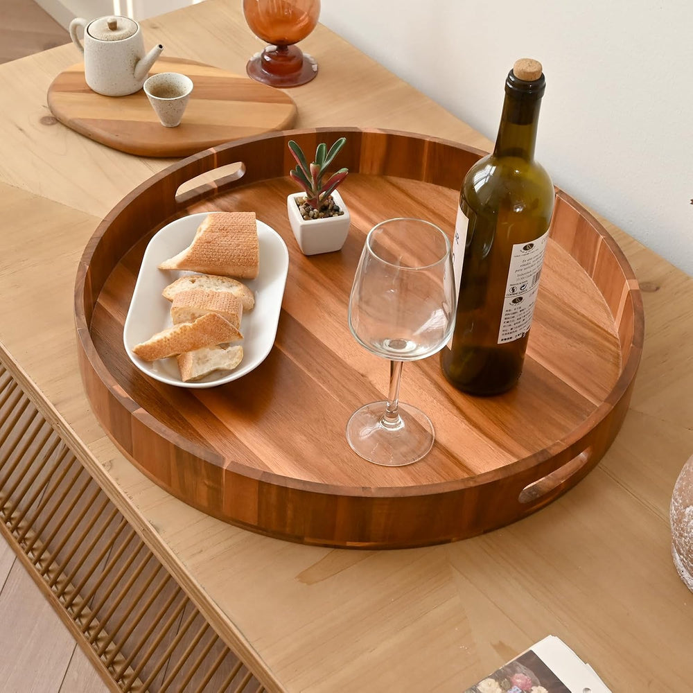 20 Inch Extra Large Round Serving Tray HeavyDuty Acacia Wood Tray for Oversiz...