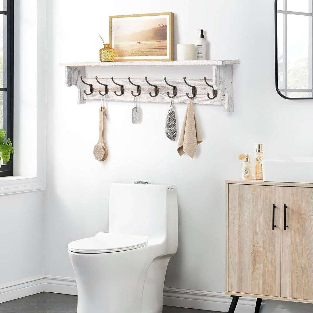 BECHAEO 35.8'' Large Wood Coat Rack Wall Mount with Shelf, White Wall...