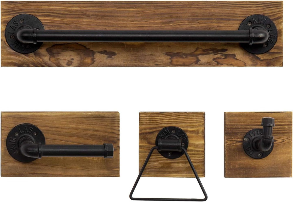 MyGift 4 Pc Bathroom Hardware Set with Burnt Wood & Matte Black Metal Pipe