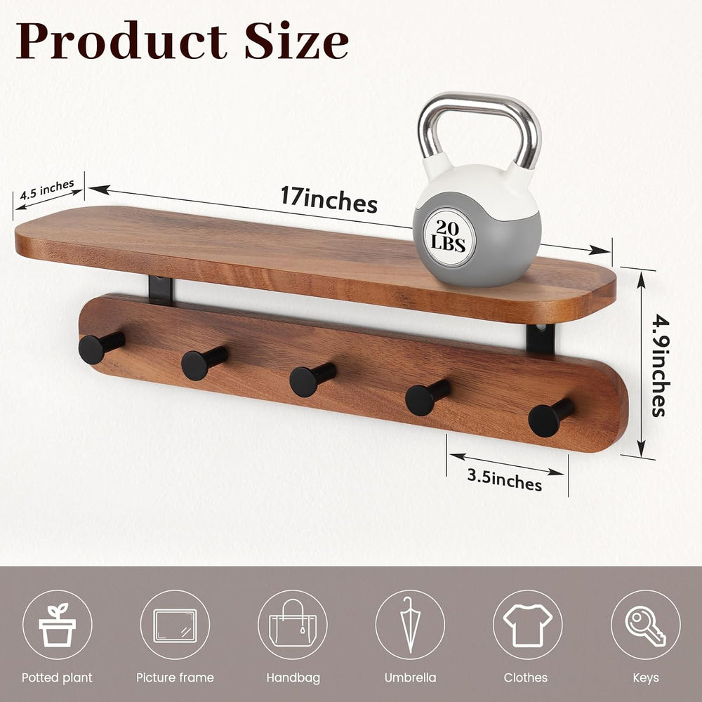 Coat Rack Wall Mount with Shelf, 17" Walnut Wood Wall Shelf with Hooks, ...