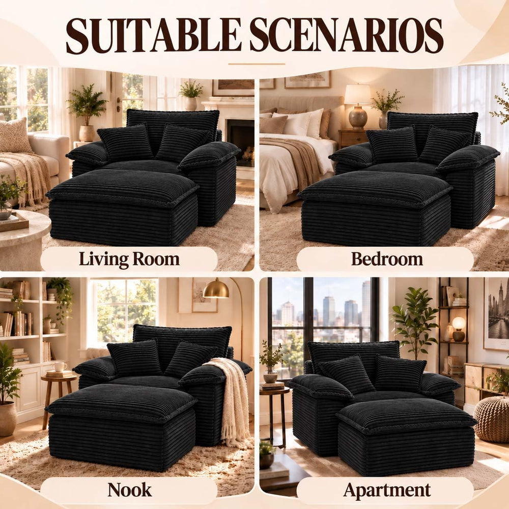 Black Oversized Chair with Ottoman, Boneless Corduroy Reading Chair