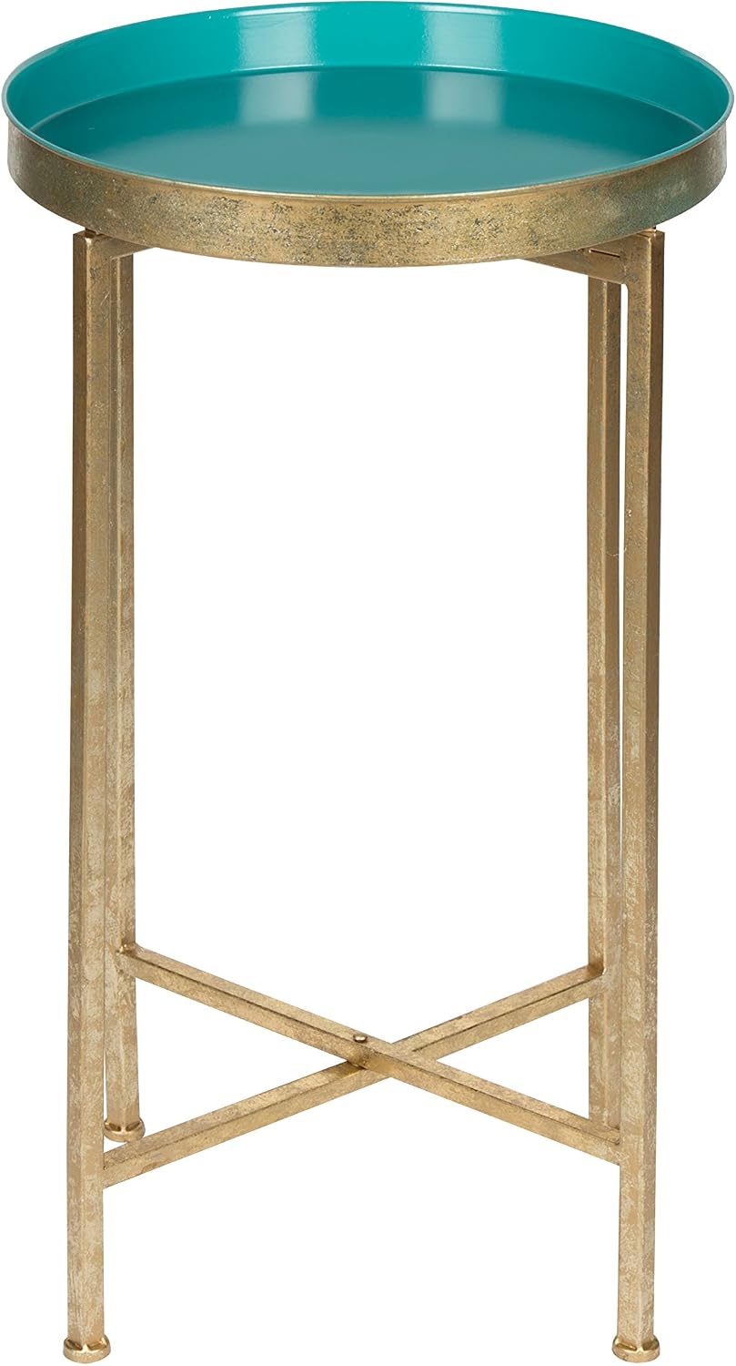 Kate and Laurel Celia Round Metal Foldable Tray Accent Table, Teal with Gold ...