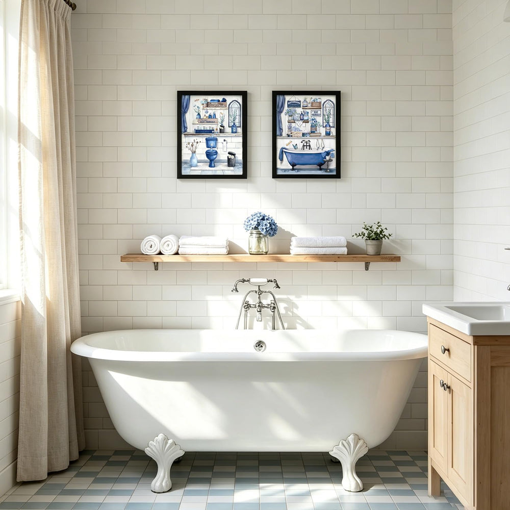 LDXCJXOR Blue Farmhouse Bathroom Wall Art, 2-Piece Black Framed Canvas Painti...