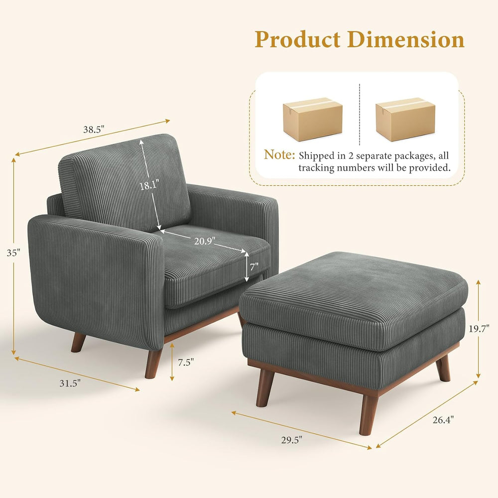Vesgantti 38.5" Accent Chair with Movable Ottoman, Comfy Corduroy Armcha...