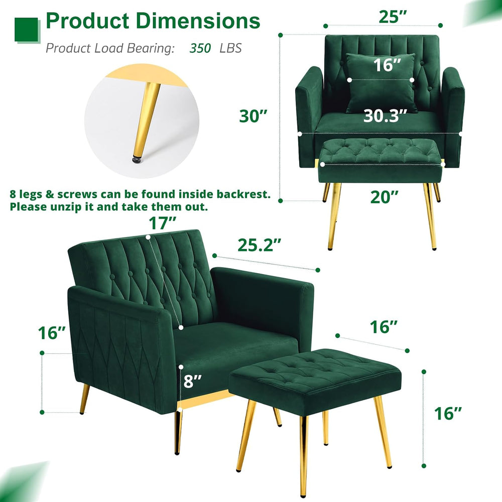 2 Pieces Velvet Sofa Set with Adjustable Armrest and Backrests, Green