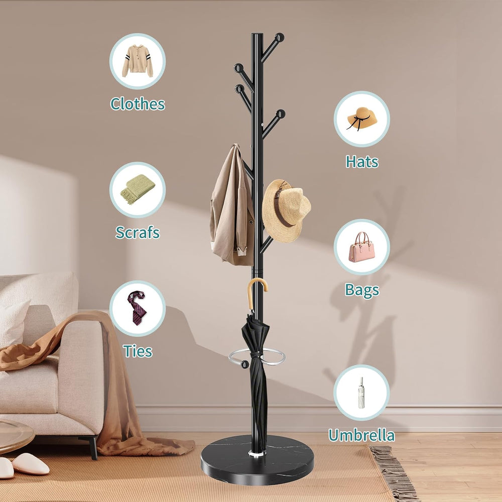OIRUMIE Coat Rack,Coat Rack Stand with 8 Hooks Umbrella Hoolder Marble Base