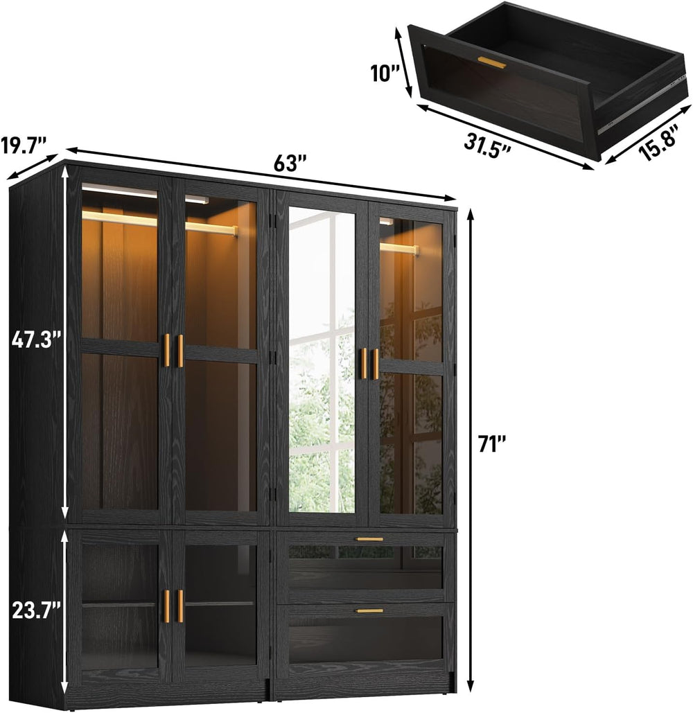 4 Doors Armoire Wardrobe Closet with LED and Mirror,71" H Freestanding W...