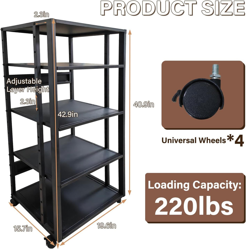 5-Tier AV Media Stand with Wheels, Modern Mobile Stereo Cabinet