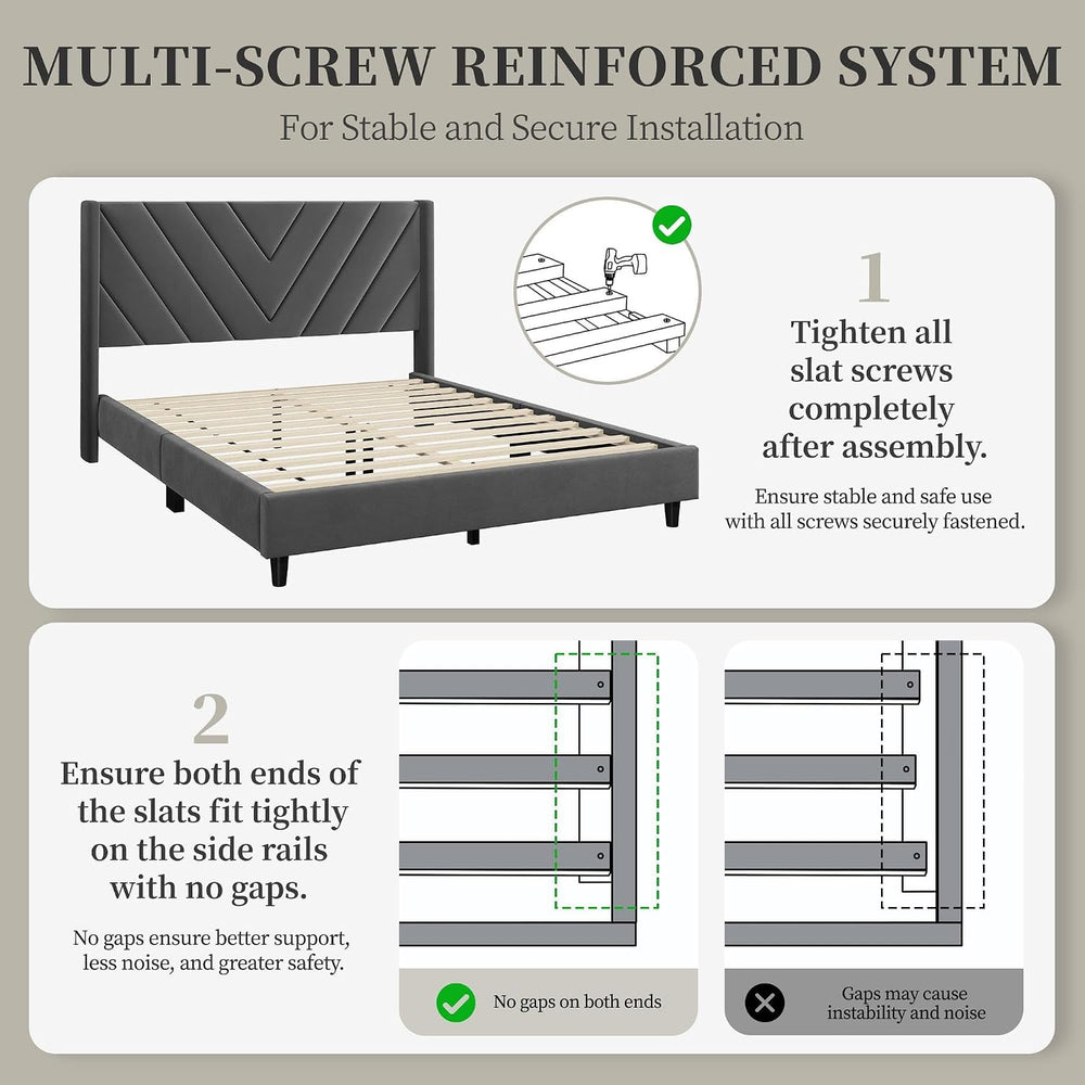 Yaheetech Queen Bed Frame with Chevron Channel-Tufted Headboard, Deep Gray