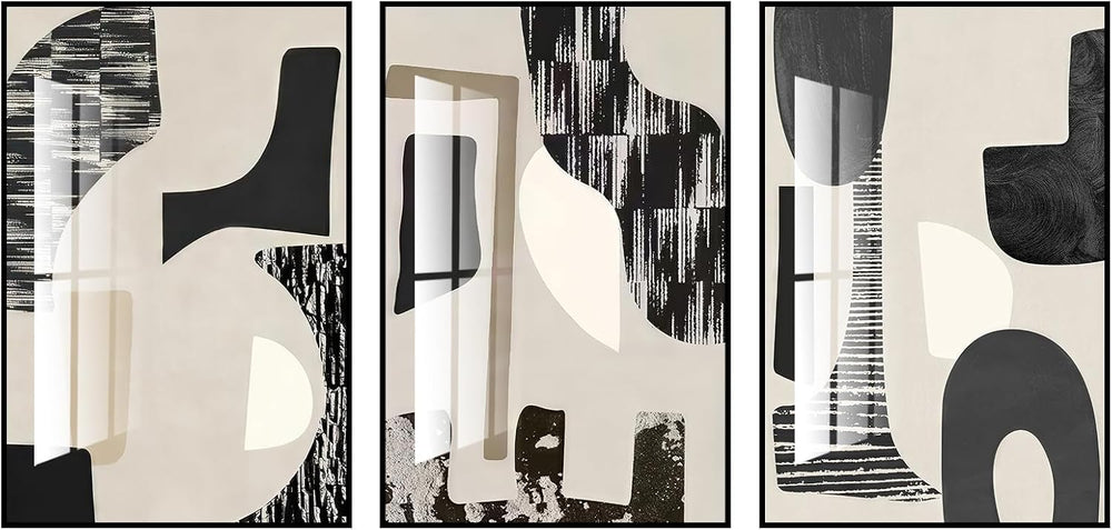 QKF 3Pcs Black White Abstract Crystal Geometric Framed Canvas Wall Art Set