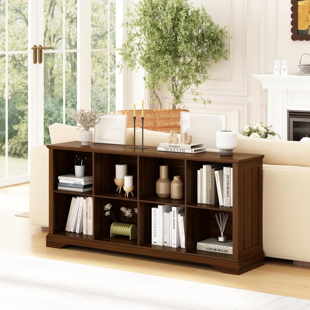 8 Cube Storage Organizer, 62" Long Low Horizontal Bookshelf,Walnut