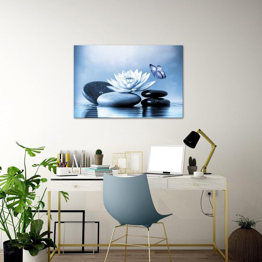 VANSEEING Zen Canvas Wall Art Blue Lotus Flowers Stones Butterfly on Water Li...