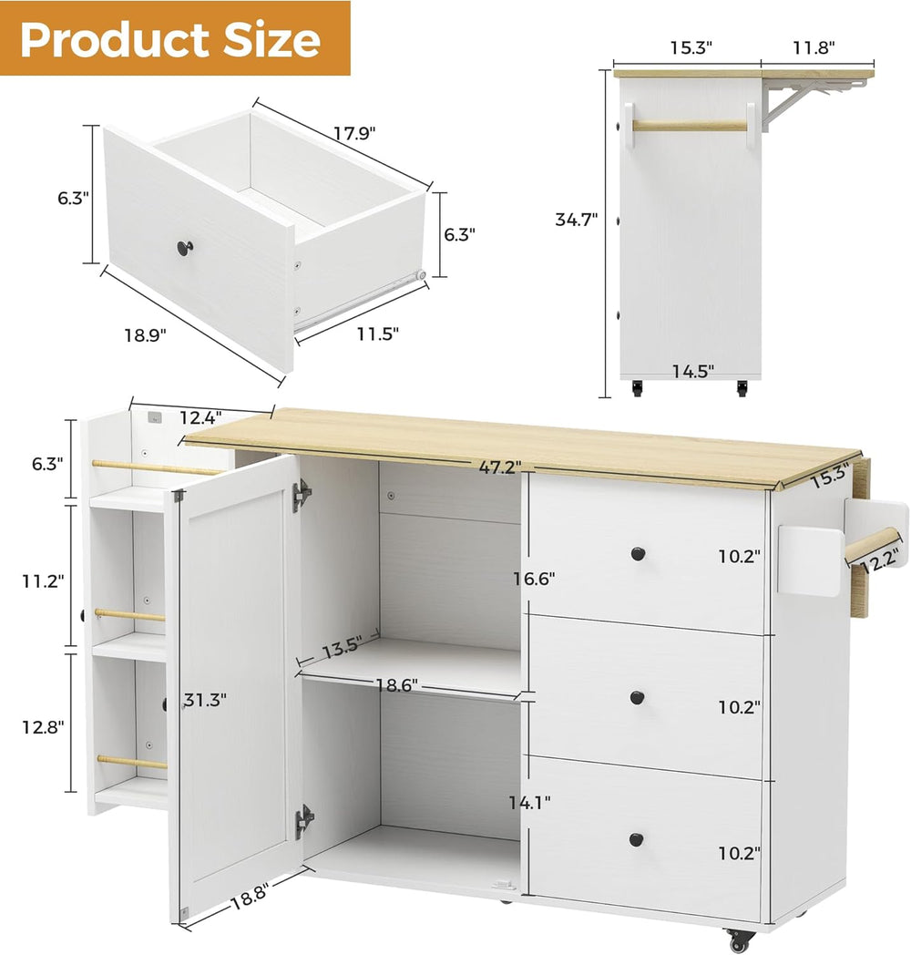 IRONCK Rolling Kitchen Island with Storage & Drop Leaf, 47.2" Kitche...