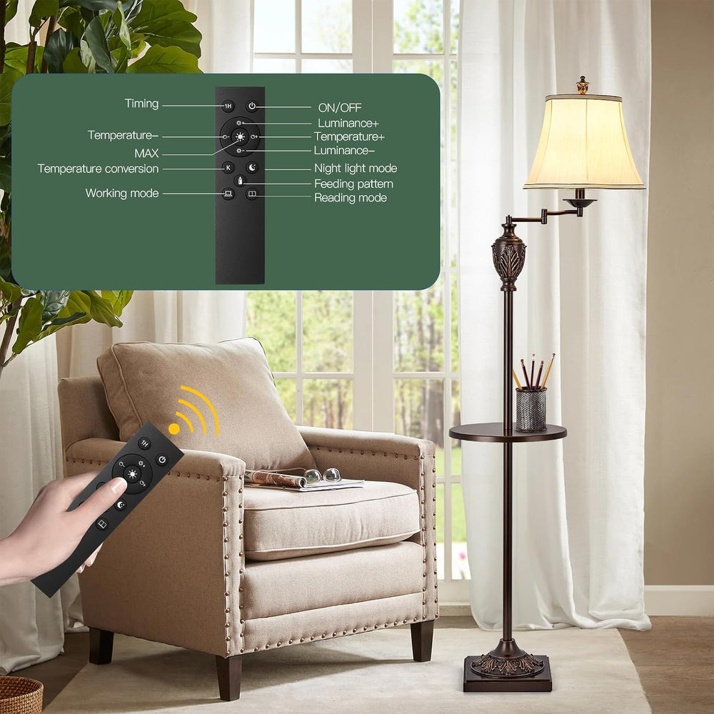 Traditional Floor Lamp with Tray, Remote Dimmable, 350° Swing Arm and Brown