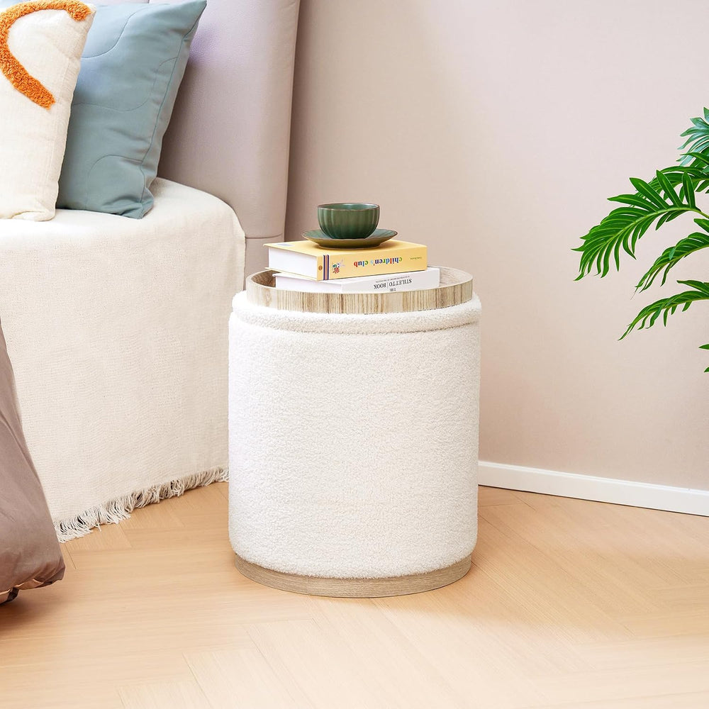 PINPLUS Round Storage Ottoman Set of 2, Cream Boucle Stools with Tray