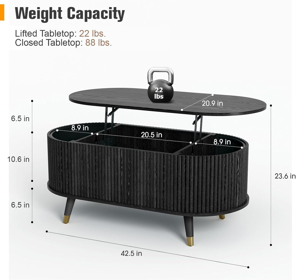 JOINICE Oval Lift Top Coffee Table with Storage for Living Room,43",Black