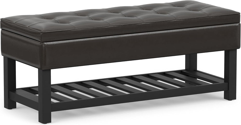 SIMPLIHOME Cosmopolitan 44" Wide Vegan Leather Storage Ottoman in Brown